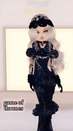 an animated doll wearing a black dress and tiara