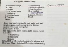 the recipe for lasagna - lessca dury is shown in black and white