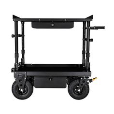 a black cart with two wheels and a shelf on the back, against a white background