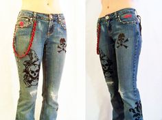 SKULL ROCKER JEANS These jeans are made for the stage!  Covered in studs, chain, black leather and velvet skulls, fleur-de-lis and uncountable other touches, you will feel like a rock star as soon as you slip them on! Size: Women's 0 (zero) If you would prefer a similar pair made in a different size, send us your jeans and we will create a pair especially for you!  Feel free to make special requests.  They can be made exactly as shown or changed to suit your desires.  Maybe it's over the top, bu Skull Rock, Rock Jeans, Patch Pants, Like A Rock, Painted Jeans, Tie Dye Tank Top, Patched Jeans, Womens Jeans, Wallet Chain