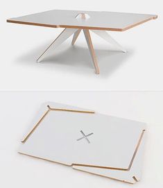 the table is white and gold with a cross on one side, and an x on the other