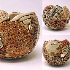 three pictures of an old pottery bowl with designs on the inside and outside, including two birds