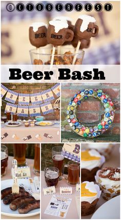 a collage of beer bash food and drink items including pretzels, cake pops, candy