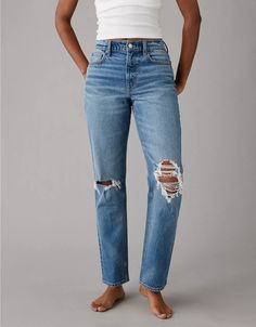 AE Stretch Super High-Waisted Ripped Ankle Straight Jean Straight Jeans Outfit, Mom Jeans Ripped, Jeans For Tall Women, Womens Boyfriend Jeans, Ripped Jeans Women, Best Jeans For Women, Stylish Mom, Fall Jeans, Outfits 2017