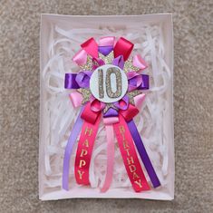 A beautiful bright glitter and 100% wool felt birthday badge. A lovely birthday badge rosette, in rainbow glitter and gold, with pink & purple ribbon  Made with felt backed fabric. Any Age Available. Brooch pin back. Shipment within the Uk will Be Delivered within 2-3 Days. Birthday Pins, Birthday Badge, Purple Ribbon, Rainbow Glitter, Homecoming Mums, Birthday Crown, How To Make Ribbon, Girls Party, Pin Backs