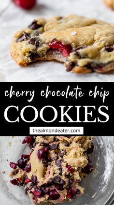 cherry chocolate chip cookies on a plate with text overlay that reads, cherry chocolate chip cookies