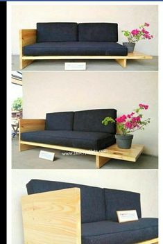 the couch is made out of wood and black fabric