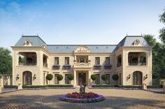 an artist's rendering of a large mansion in the middle of a flower garden