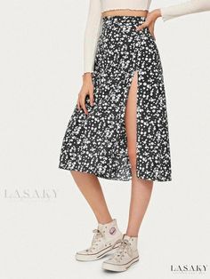 Lasaky - Chic and Trendy Split Hem Daisy Print Midi Skirt Casual Non-stretch Split Skirt, Non-stretch Split Skirt In Casual Style, Chic Non-stretch Split Skirt, Casual White Skirt With Split, Casual White Split Skirt, White Split Skirt For Spring, Casual Split Skirt For Spring, Casual Split Skirt, Casual Black Split Skirt