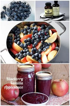 blueberries, peaches and apples are in jars