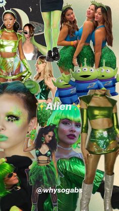 the collage has many different pictures of women dressed in green and gold outfits, including two