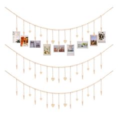 a string with pictures hanging from it and hearts attached to the strings on each side