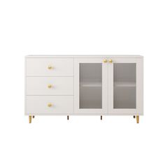 a white cabinet with two doors and three drawers on one side, gold knobs on the other