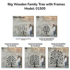 four different images of a woman standing in front of a tree with the words,'big wooden family tree with frames model 1055 '