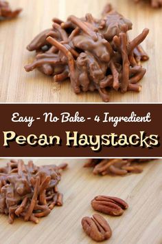 easy no bake chocolate pecan haystacks on a cutting board with text overlay