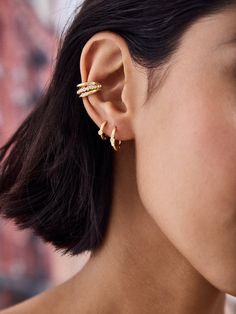 Build an instant ear stack with the Blythe Earring Set. Available with either shimmering glass stones or a classic gold finish, this set is complete with two dainty Huggies and one ear cuff (no piercing required). Wear them all together or mix and match to suit your vibe. Stacked Earrings Gold, Elegant Gold Plated Hypoallergenic Ear Cuff, Elegant Hypoallergenic Gold-plated Ear Cuff, Elegant Gold-plated Hypoallergenic Ear Cuff, Elegant Hypoallergenic Gold Plated Ear Cuff, Wedding Earring Stack, Gold Earring Set, Earring Stacks, Earring Stack