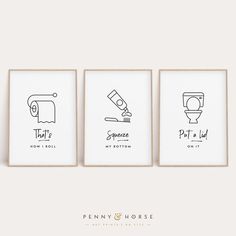 three black and white prints with different types of toilet paper