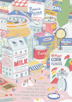 an illustration of many different types of milk and other things on the ground with words above them