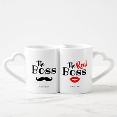 two coffee mugs with the words boss and red lips on them