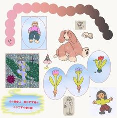 an image of children's artwork with flowers and dogs