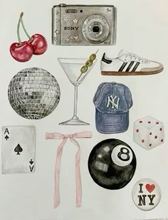 watercolor painting of various items used to create a photo