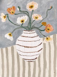 a painting of flowers in a vase on a striped surface with grey and white stripes