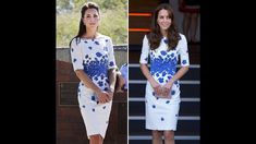 two pictures of the same woman in blue and white dresses, one is wearing heels