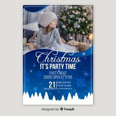 a christmas party flyer with a child on the bed in front of a christmas tree