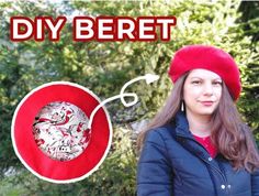 a woman wearing a red hat and blue jacket with the words diy beret on it