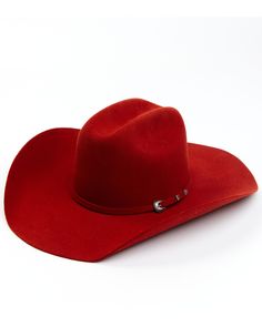 Wool construction. Cattleman crease. Matching hat band with three-piece silver-tone self band buckle set. Solid red design. Angled brim. Womens Western Hats, Red Cowboy Hat, Felt Cowboy Hat, Felt Cowboy Hats, Wedding Boots, Western Hat, Red Felt, Western Hats, Women's Hats