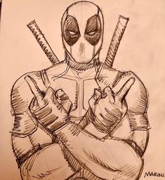 a pencil drawing of a deadpool holding two baseball bats and a bat in his hands