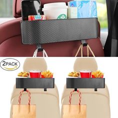 two bags with food in them hanging from the back of a car seat, and another bag filled with snacks