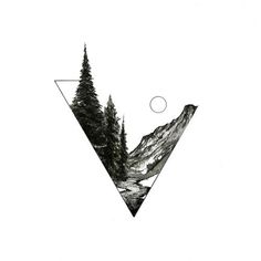 a triangle with trees and mountains in the middle is shown on a white paper background