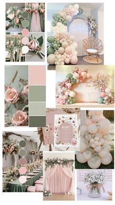 a collage of pink, green and white wedding decor with flowers on the top