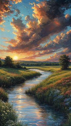 a painting of the sun setting over a river with grass and flowers in front of it