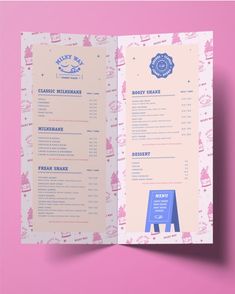 an open menu for a restaurant on a pink and white background with a blue sign