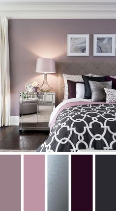 a bedroom with purple and grey colors in the walls, bedding and nightstands