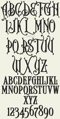 an old fashioned alphabet with the letters and numbers in black ink on white paper,