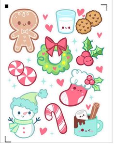 Xmas Images Cute, Kawaii Christmas Doodles, Christmas List Designs On Paper, Christmas Kawaii Illustration, Christmas Cute Drawing Easy, Christmas Clipart Cute, Kawaii Christmas Aesthetic, Drawing Ideas Christmas Easy, Christmas List Design Ideas On Paper