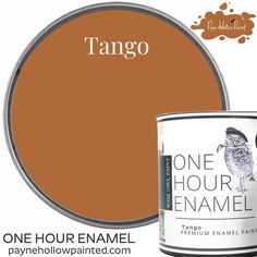 a can of tan paint with the words, one hour enamel