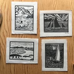 four black and white drawings on paper with scissors