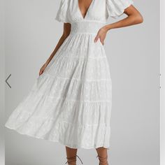 Never Worn White Eyelet Showpo Midi Dress Only Tried On Wrong Size But Took Tags Off So Flattering Hits At Slightly Above Ankle For Me And 5’4 Puff Sleeves Originally 90 Dollars Midi Plunge Dress, Plunge Dress, White Midi, White Eyelet, 50's Dress, Party Dresses For Women, Puff Sleeves, Puff Sleeve, Lace Dress