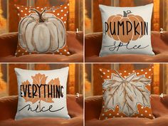 four pillows with pumpkins and words on them