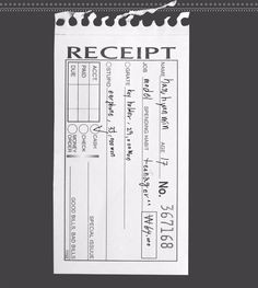 a receipt is taped to the side of a black and white paper with writing on it