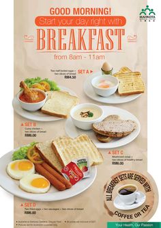 an advertisement for breakfast with coffee and toast