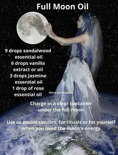 Magic Essential Oil Blends, Evil Eye Oil Recipe, Witch Oils Recipe, New Moon Oil, Witchy Oils, Full Moon Oil, Moon Oil, Essential Oil Perfumes Recipes