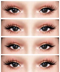 four different views of the same woman's eyes with long lashes and false eyelashes