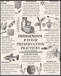 an old poster with the words indigenous food preservatition practices and other items