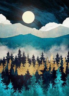 a painting of trees and mountains with the moon in the sky above them, as well as clouds