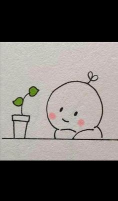 a drawing of a baby sitting next to a cup with a plant on top of it